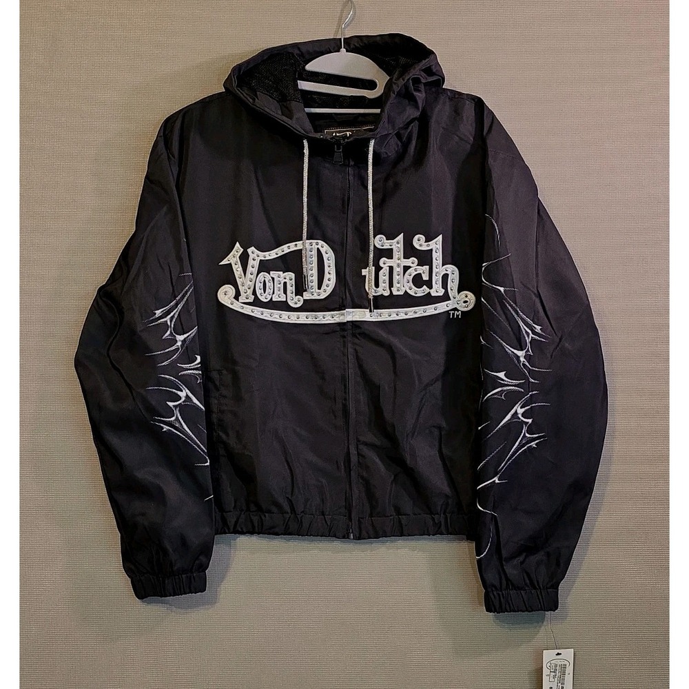 Von Dutch Taslon Crystal Windbreaker Jacket Rhinestone Black NWT Women Sz Large